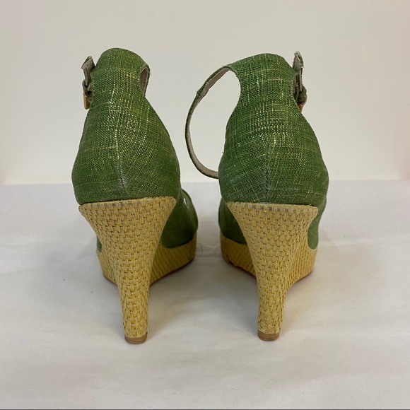 Aldo Green Gold Straw Wedge Ankle Strap Shoes - Picture 3 of 9